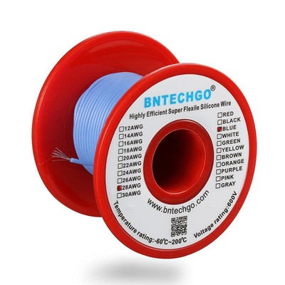 28 Gauge Silicone Wire Spool 100 ft Blue Flexible 28 AWG Stranded Tinned Copp...