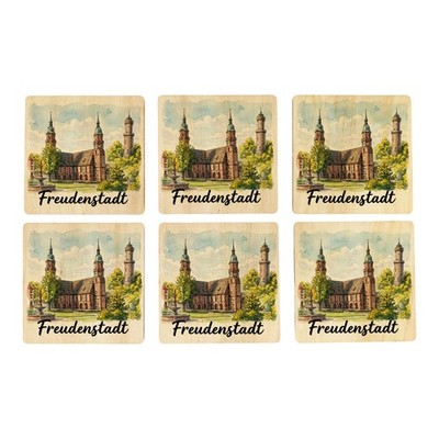 Freudenstadt Kirche 6er Set Untersetzer aus Holz Aquarell mit Schriftzug