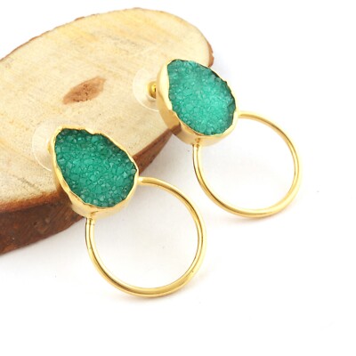 Crystal Pear Green Sugar Druzy Gold Plated Hoop Bali Earrings Jewelry For Female