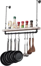 Wall Mounted White Wood and Black Metal Pot Rack, Cookware Utensils Organizer