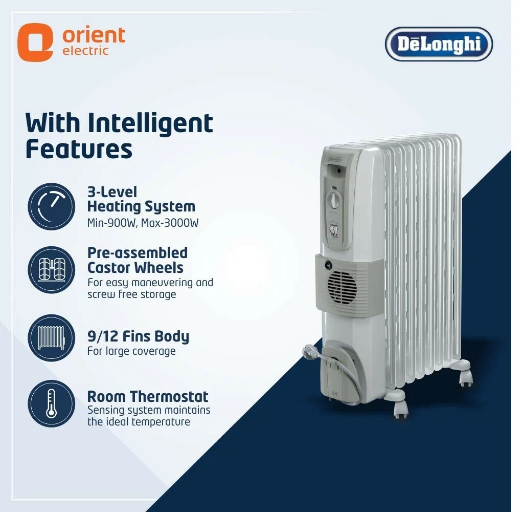 DELONGHI KH770925V 9 Fin Oil Filled Radiator Room Heater with Fan (White,  2500W) | eBay