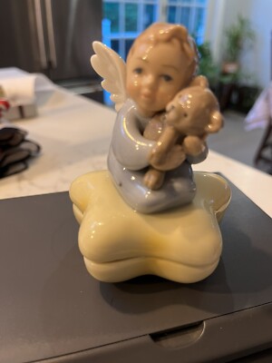 Vintage Porcelain Little Boy Angel With teddy bear  2 Piece Trinket Box 4  Tall