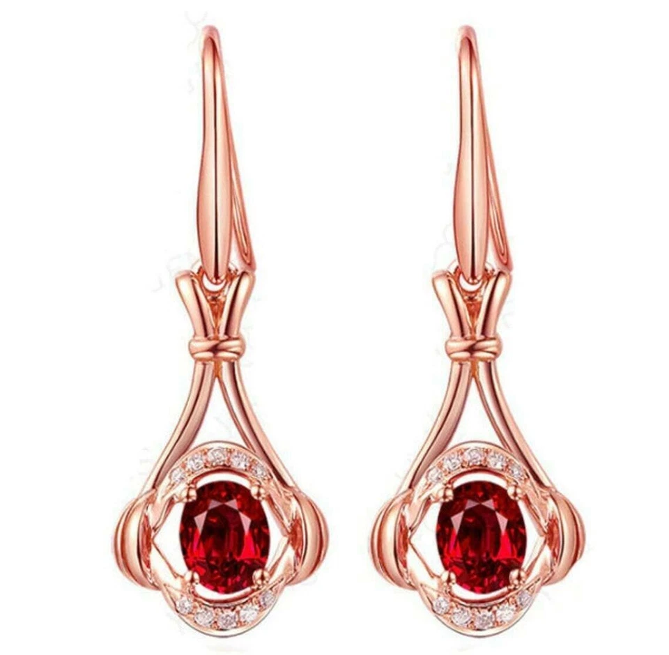 2Ct Oval Cut Lab-Created Ruby Drop Dangle Women's Earrings 14K Rose Gold Finish - Image 3 of 4