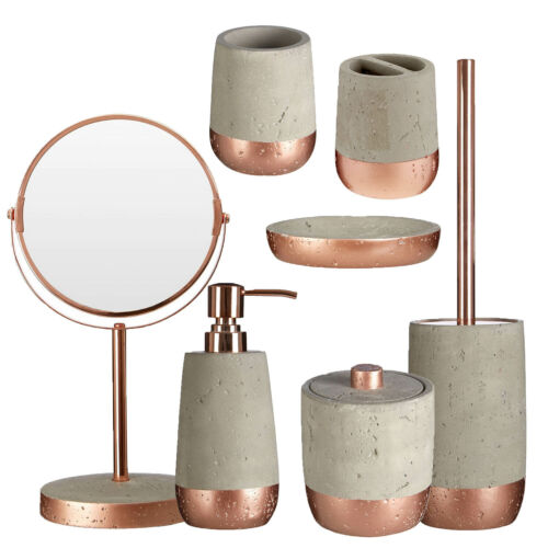 Set of 7 Neptune Copper Concrete Grey Bathroom Accessories Organisers and Mirror