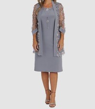 R M Richards Women's Gray 3D-Floral-Embellished 2-Pc. Necklace Dress Size 12