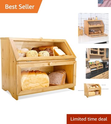 Double Layer Large Bread Box for Kitchen Counter, Wooden Large Capacity Bread...