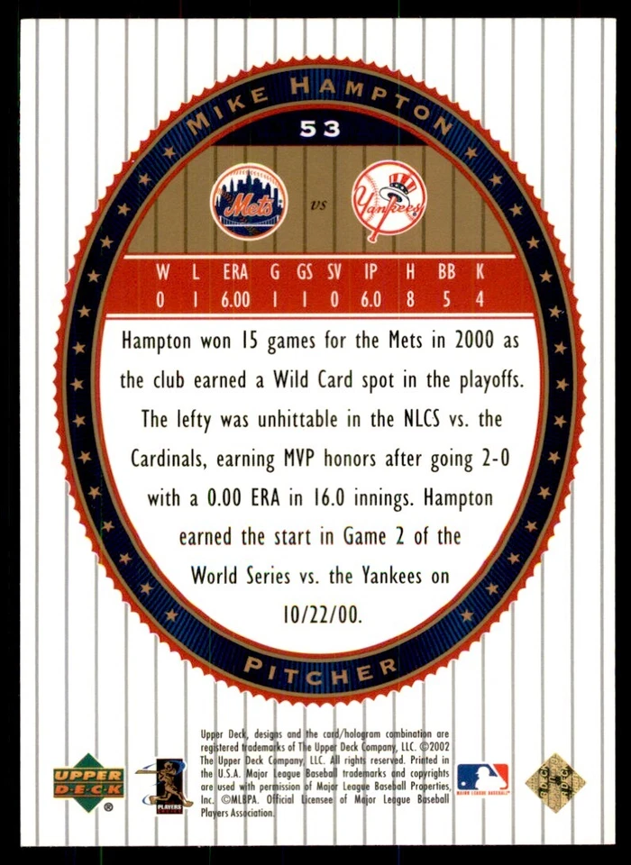 2002 UPPER DECK WORLD SERIES HEROES MIKE HAMPTON NEW YORK METS #53 - Image 2 of 2