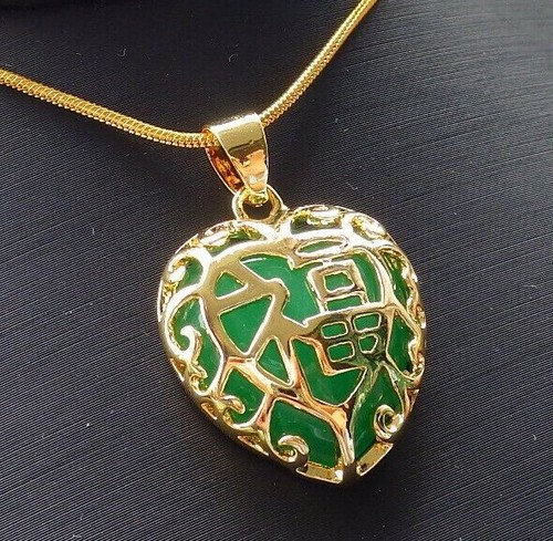 Real Green Jade Love Heart Blessing Fortune Yellow Gold Plated Pendant Necklace - Picture 3 of 5