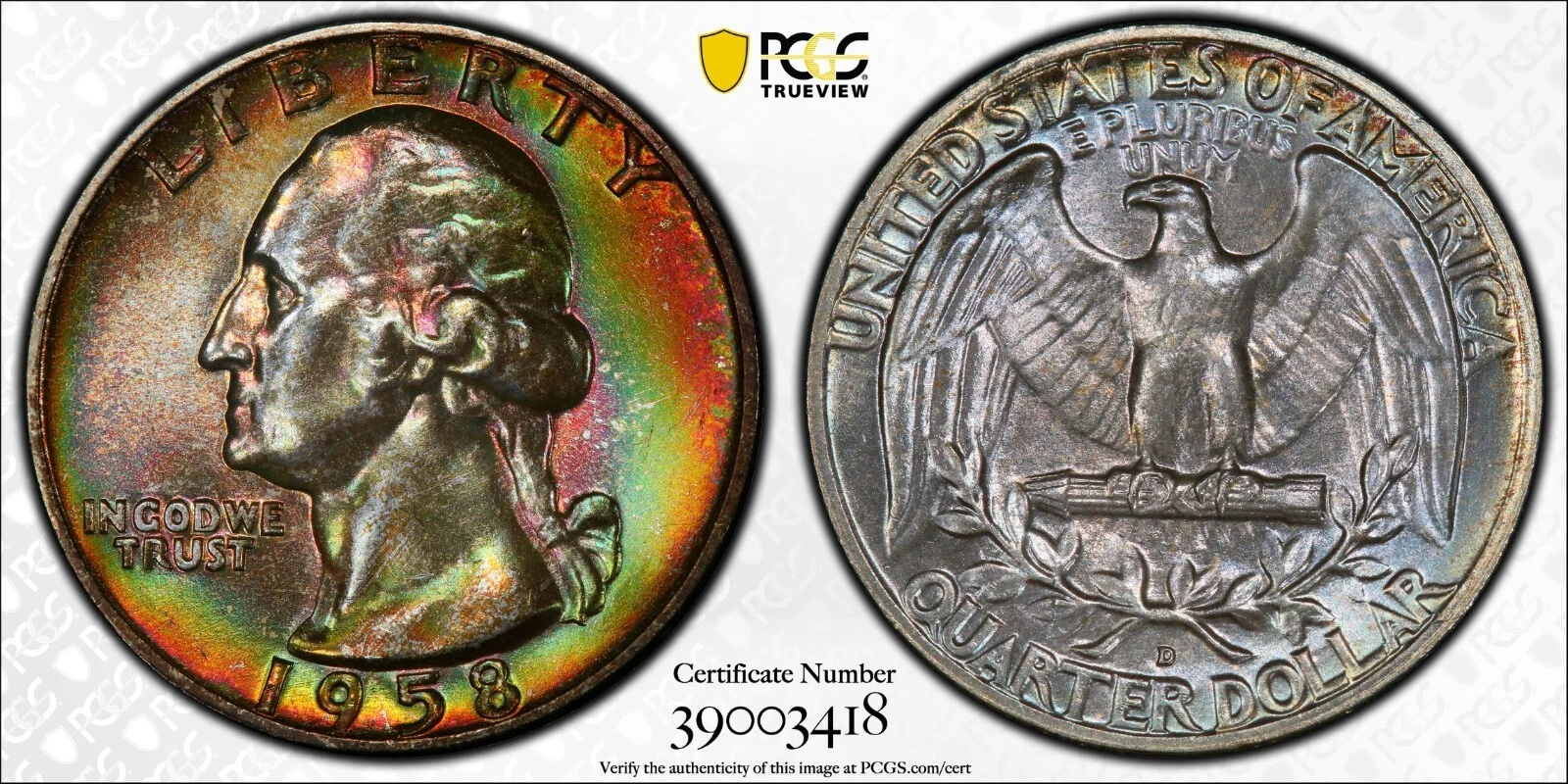 1958 D 25C Washington Quarter Certified PCGS MS68 Ultra GEM Toned Silver