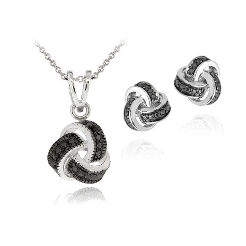 Black Diamond Accent Love Knot Necklace & Earrings Set in Brass - Picture 1 of 5