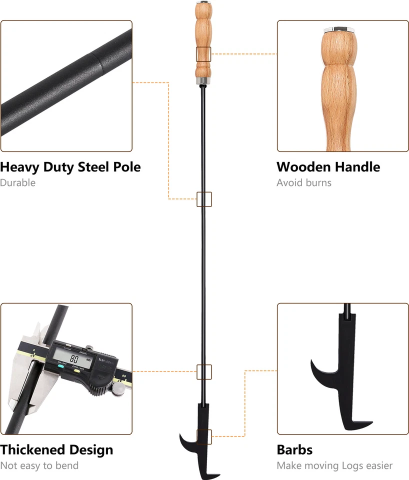 Herramientas para fogata de 32" pinzas para leña fuego póker madera al aire libre barbacoa herramientas de alta resistencia Foto 3 de 4
