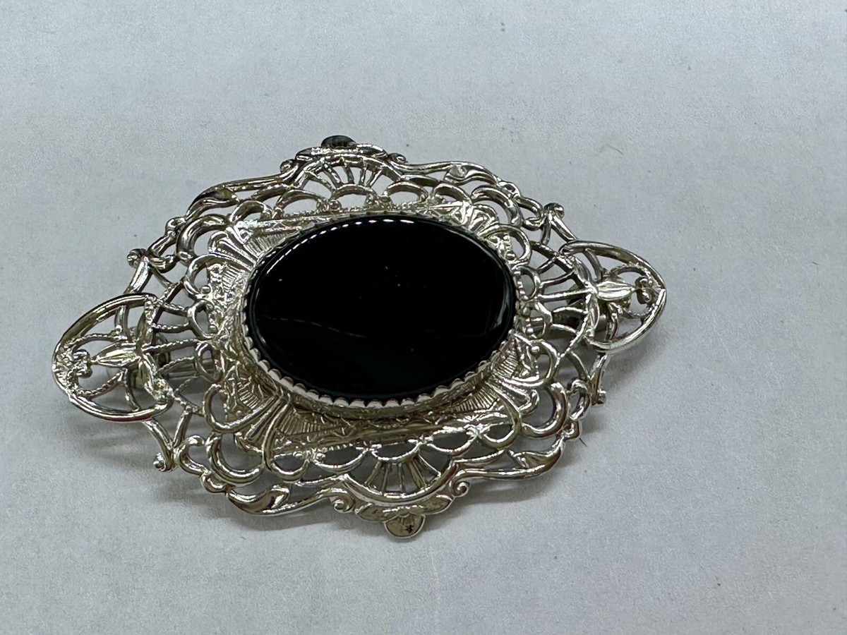 ANTIQUE STERLING SILVER FILIGREE BLACK ONYX BROOCH PIN BAR