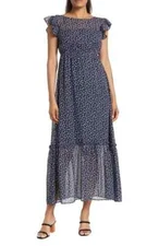 Love…Ady $158 Flutter Sleeve Navy/White Floral Maxi Dress Size Small NWT