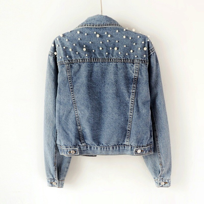 Women Denim Distressed Jacket Pearl Beaded Short Jeans Coat Outerwear Tops  Blue