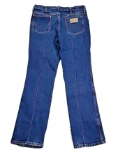 Vintage Wrangler 937STR Dark Wash Blue Denim Whiskering Western Jeans Mens 35x30