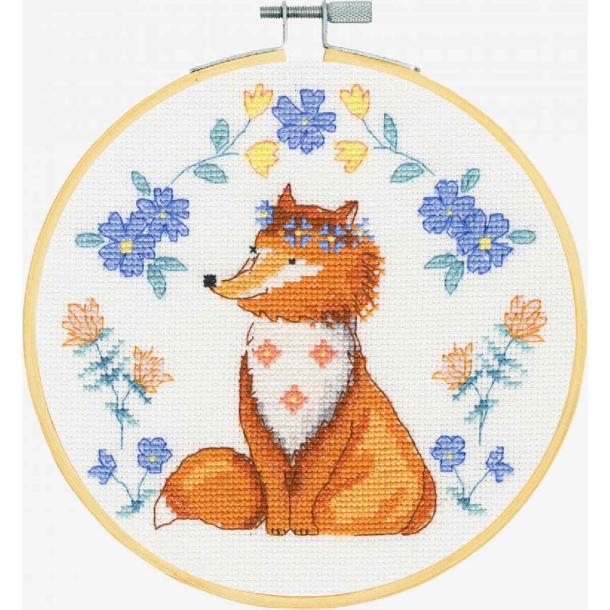 DMC counted cross stitch kit with hoop ""Folk Fox"", diam.18ccm, DIY