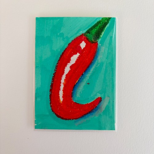 Textured Red Pepper Still Life Oil Pastel Artwork Signed ACEO (2.5 x 3.5 in)