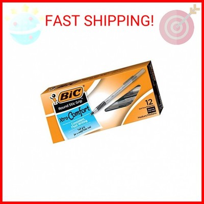 BIC Round Stic  Grip  Xtra-Comfort Medium Ball Point Pen, Black, 12 Pack