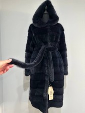FURSTAR New Real Luxury Mink Fur Coat Belt Hood Color Midnight Sapphire 1109554