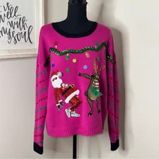 Christmas Sweater Dancing Santa and Reindeer Women’s Pink Red Size L