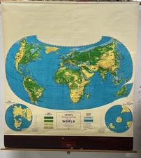 Vintage Crams Physical - Political Map Of The World Large Classroom Wall Map