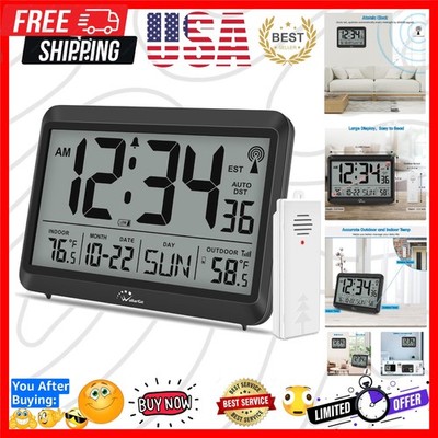 Atomic Clock with Indoor Outdoor Temperature - 8.5'' Digital Clock Battery Op...