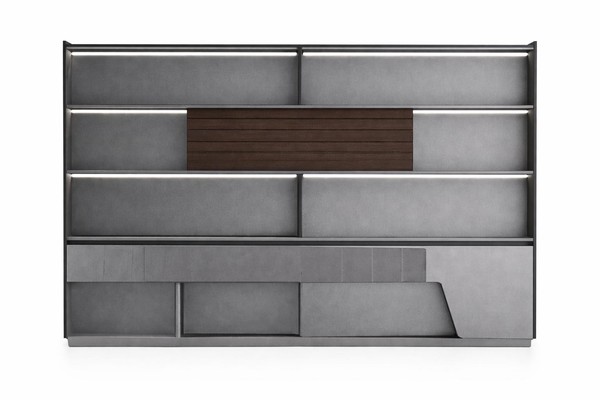Moderner BüRoschrank Mit Holzregalen Led-Beleuchtung Und Stauraum-image