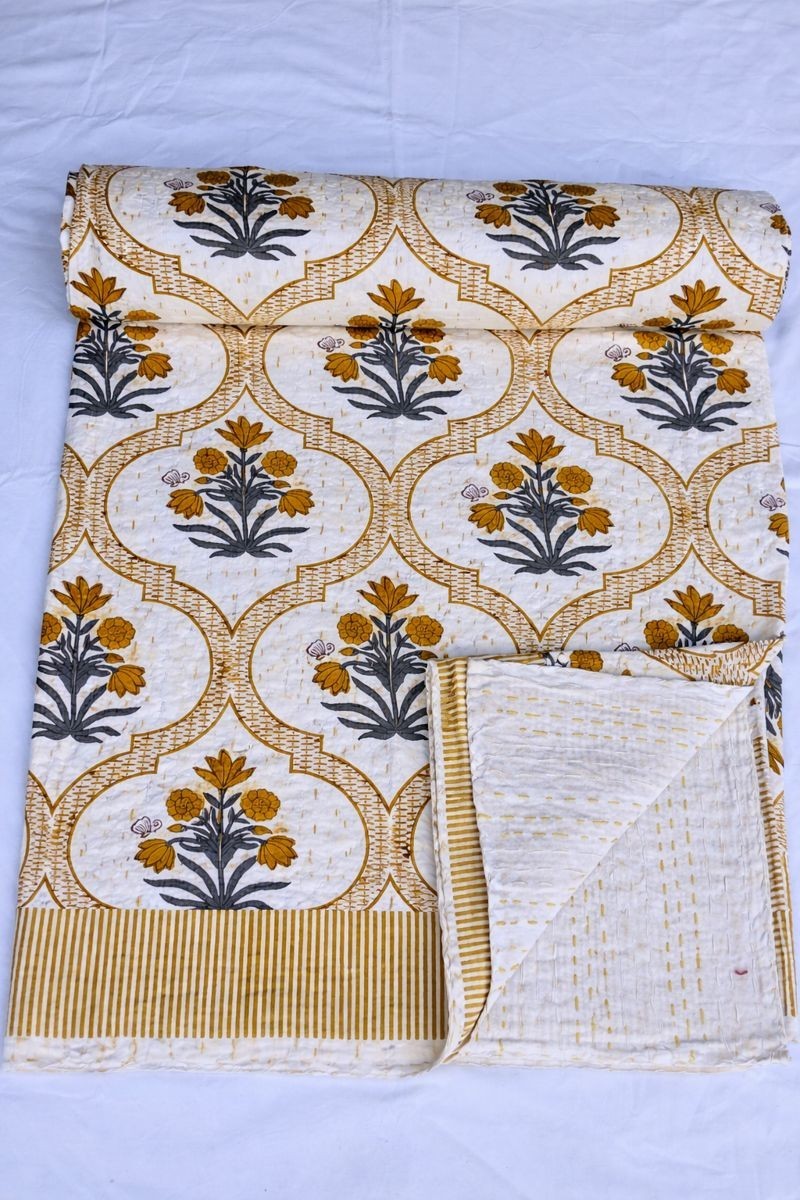 Floral Indian Kantha Hand Block Print Bedspread Handmade Quilt King Size Throw