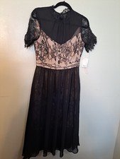 Avec Les Filles Women's Lace Chiffon Dress Black Nude Linig Tea Length NWT Sz 8