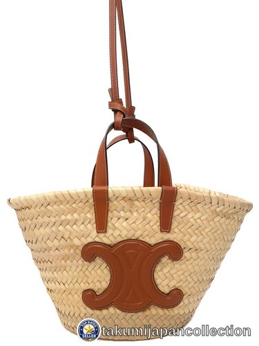 CELINE Teen Triomphe Classic Panier Straw Leather 2Way Bag Natural #M-14332