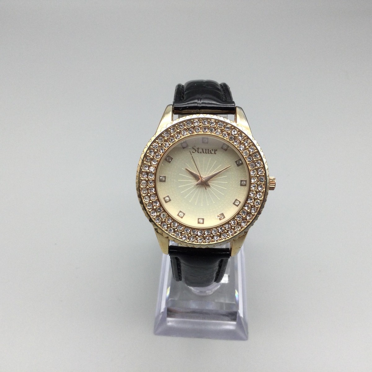 Stauer Watch Womens 38mm Gold Crystal Bezel Black Leather  display picture 1