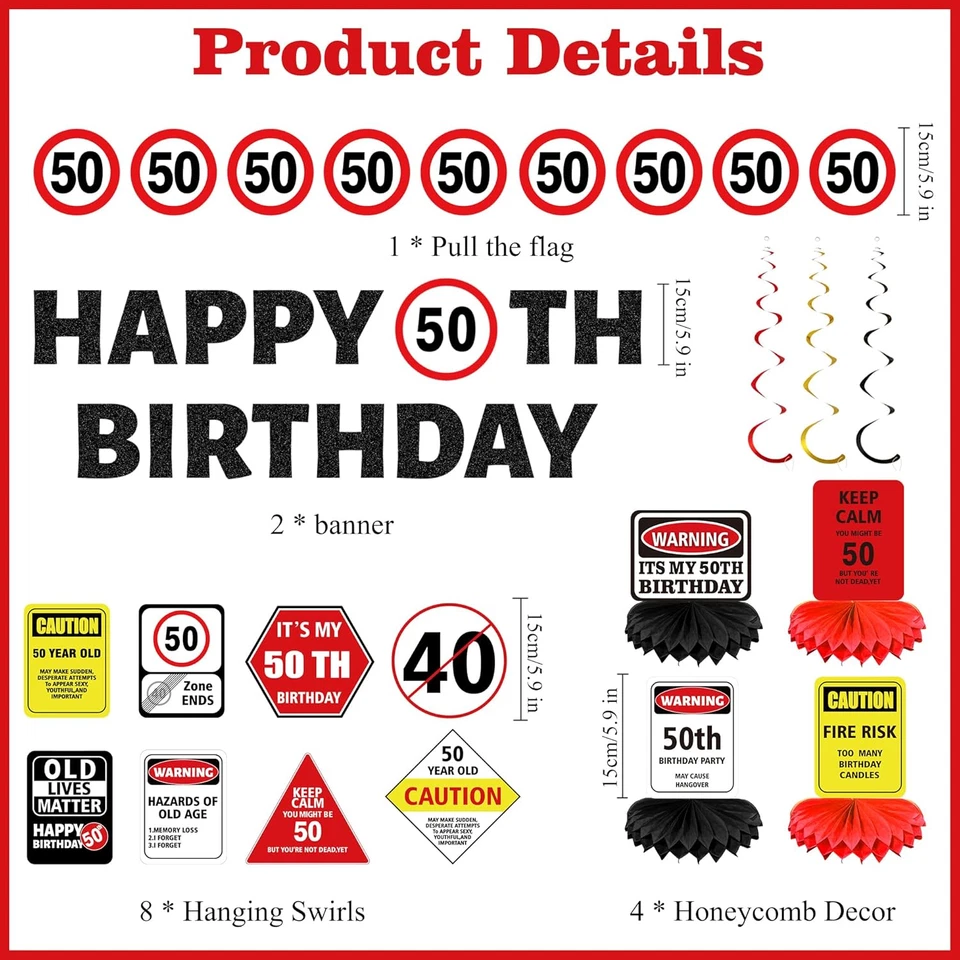Suministros de fiesta decoraciones cumpleaños 50 - 14 piezas logotipos de precaución pancartas colgantes Foto 2 de 4