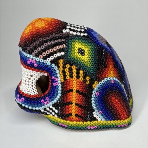 Huichol Beaded Jaguar Head Mask Mexican Folk Art Multicolor 2 1/2 in x 2 1/2