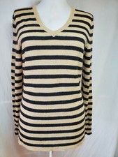Alex Marie V-Neck Sweater Stripes Sz M 100 Cashmere Black Beige Tunic VEUC