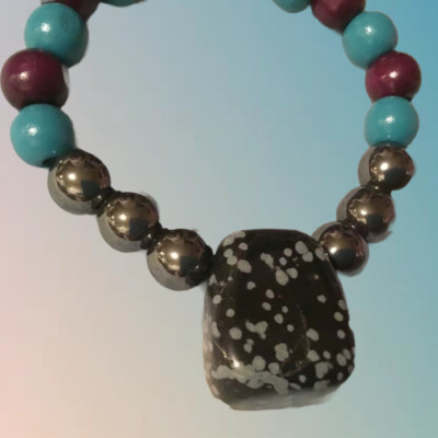 Snowflake Obsidian & Wooden Beaded Bracelet 7in/17.5cm Gift Hand Made OOK J834