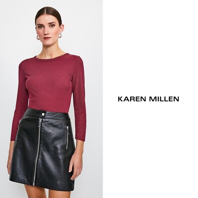 NEW Karen Millen Women s Jersey Ribbed Tee Shirt in Berry Size 8
