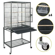 53" Bird Flight Cage Wrought Iron with Rolling Stand for Cockatiels Parrot Black