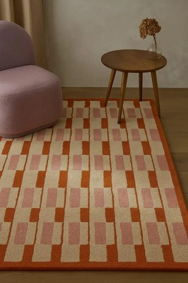 Modern Geometric Wool Area Rug, Terracotta Orange and Pink Block Pattern Carpet