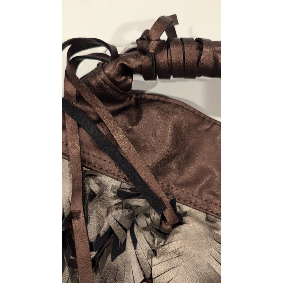 Bueno Brown Faux Leather Fringe Hobo Shoulder Bag Boho Chic Textured - Image 4 of 4