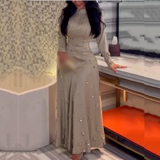 Elegant Sequined Long Sleeved Evening Gown with Pleated Formal Satin Ball Dress