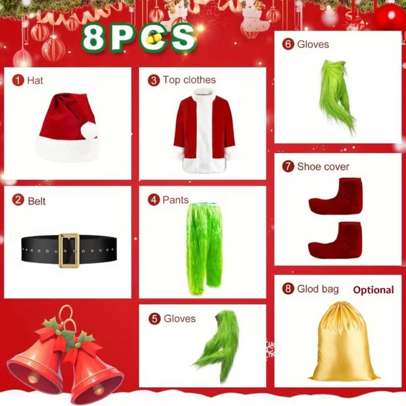 Navidad El Grinch Disfraz Completo Papá Noel Disfraz Adulto TALLA S-2XL Navidad Foto 3 de 4