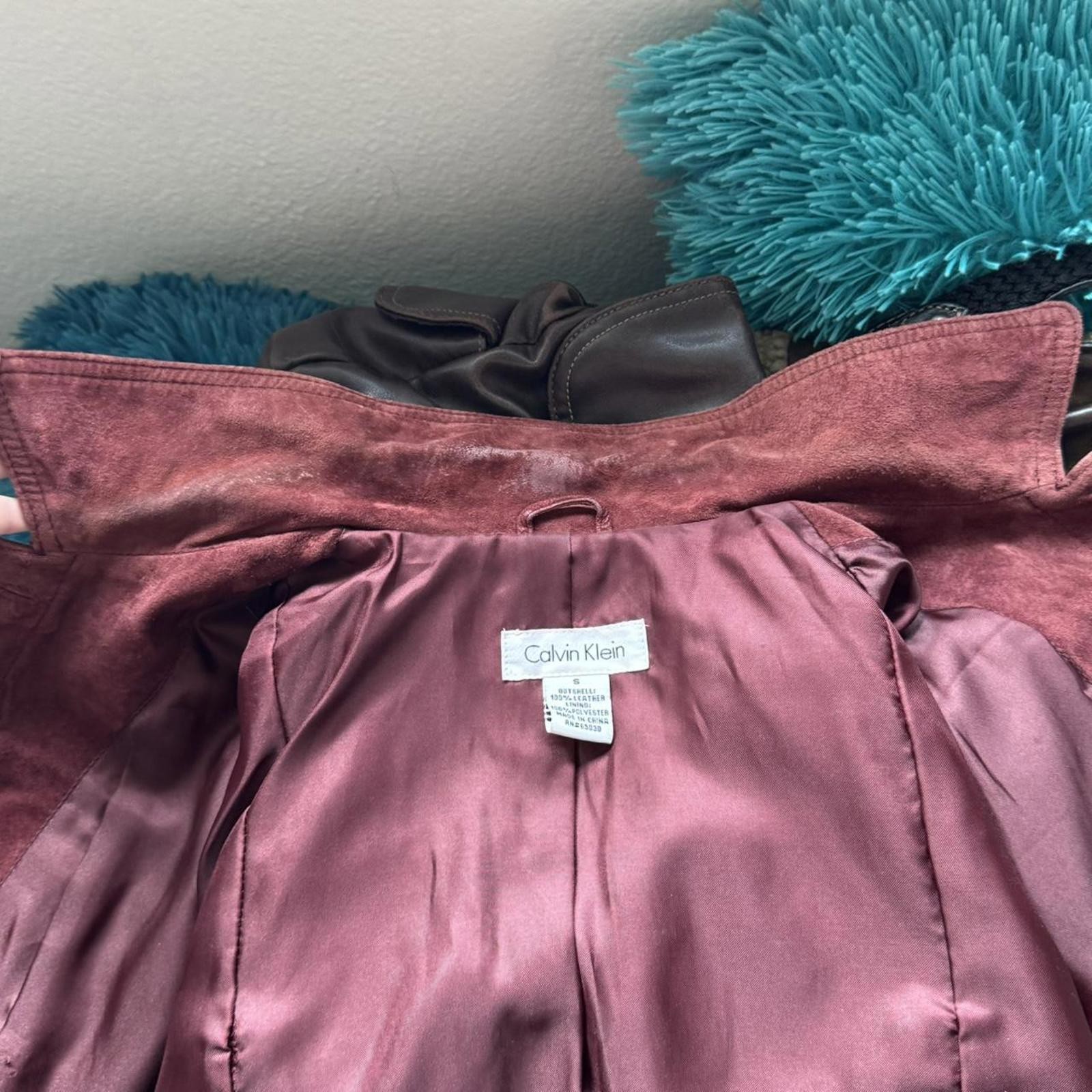 ੈ✩‧₊˚y2k calvin klein burgundy red real leather suede button up jacket thumbnail 7