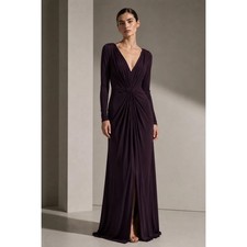 Vera Wang Dress Womens 4 Purple Long Sleeve Ruched V Neck Maxi Evening Gown
