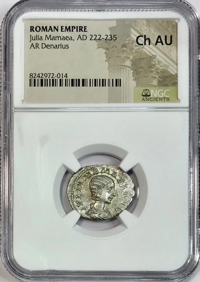 Moneda Denario de Plata Antigua Romana Julia Mamaea 222-235 dC NGC Elección AU Foto 4 de 4