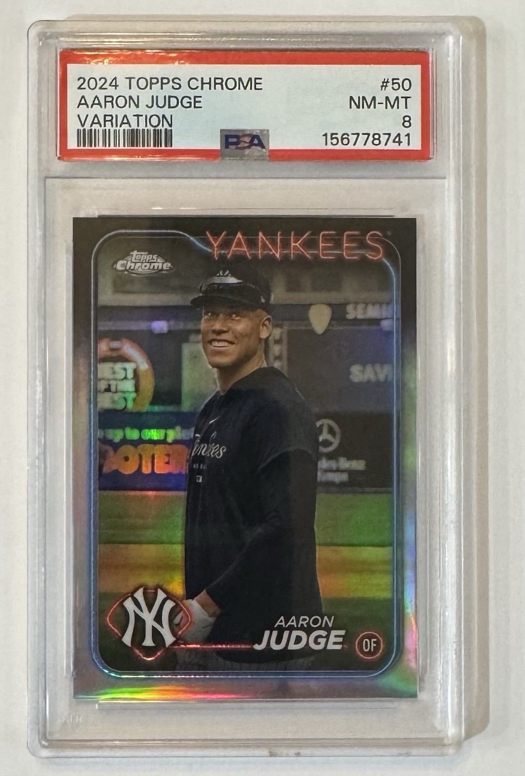 2024 Topps Chrome Image Variation Aaron Judge #50 Smiling in Warmup Gear PSA 8