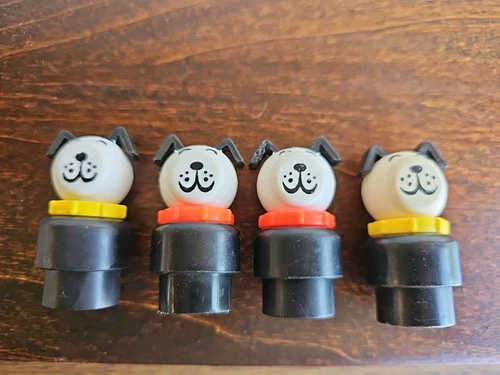 4-Vintage Fisher Price Little People Black White Lucky Dog 2" Figure Red Collar