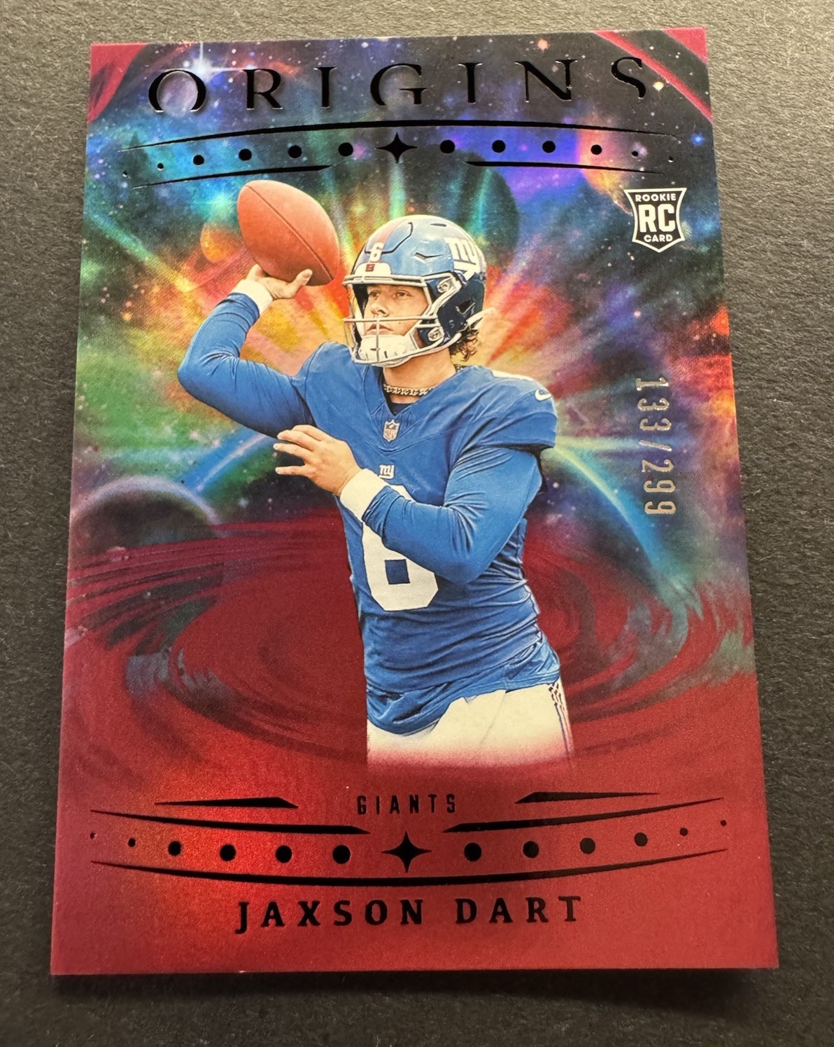 2025 Panini Origins - Rookies Jaxson Dart, Jaxson Dart #145 Holo Red /299 (RC)