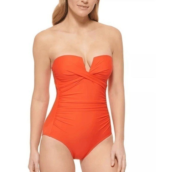 CALVIN KLEIN Women's Split-Neck Bandeau Removable-Strap Tummy-Control  Swimsuit