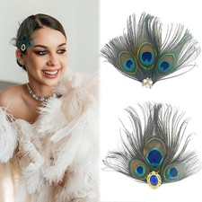Peacock Feathers Hair Clip Vintage Rhinestone Green Big Eyes Peacock Feathers...