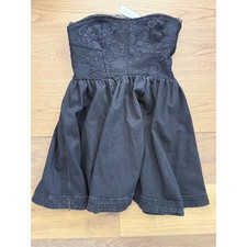Pilcro Anthropologie Black Lace Denim Strapless Mini Dress Smocked Back Size S
